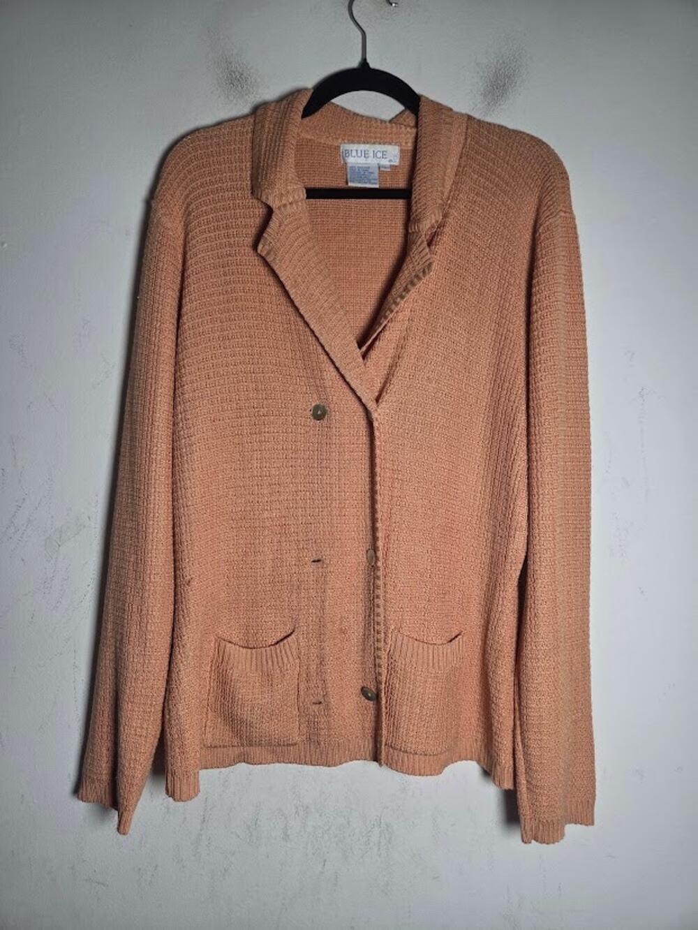 BLUE ICE Peach Yarn Knit 100% Silk Y2K Mother of Pearl Button Cardigan sz Large